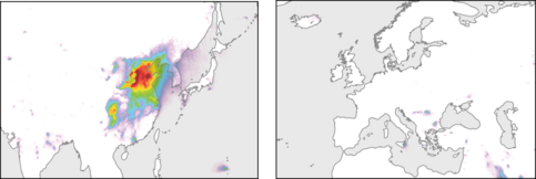 Figuur 1. Gemiddelde hoeveelheid atmosferisch SO2 gemeten met het OMI satellietinstrument voor de periode 2005-2014 in Oost Azie (links) en Europa (rechts). Voor de kleurenschaal zie Figuur 2. Bron: KNMI.