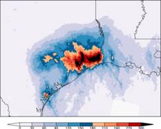 Kaart met de hoeveelheid regen die in drie dagen gevallen is in millimeter per dag