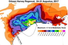 kaart met totale regenval tijdens de passage van orkaan Harvey