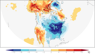 Figuur 1: Temperatuurafwijkingen van normaal (1981–2010) gemiddeld van 25 december 2017 tot 7 januari 2018. Bron: ECMWF analyses ten opzichte van ERA-interim.
