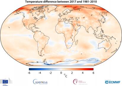 Figuur 1. Temperatuurverschil (lucht op 2m hoogte) tussen 2017 en het langjarig gemiddelde van 1981-2010. Spitsbergen was gedurende verscheidene maanden meer dan 6 °C warmer. Bron: ECMWF, C3S.