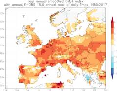 Figuur 1: Trend in de hoogste 3-daags gemiddelde maximumtemperatuur als veelvoud van de wereldgemiddelde temperatuurstijging. Bij ons zijn hittegolven twee à drie graden warmer geworden sinds 1950.