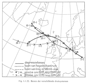 Weerkaart met de baan van de rampzalige stormdepressie tussen 30 januari en 2 februari 1953 