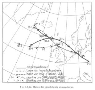 Weerkaart met de baan van de rampzalige stormdepressie tussen 30 januari en 2 februari 1953 