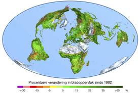 Figuur 1: Verandering in de bladoppervlakte-index (bladoppervlak/grondoppervlak) sinds 1982 op basis van satellietwaarnemingen, in procenten (bron: Boston University/R. Myneni).