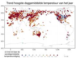 Figuur 1: trend in de temperatuur van de warmste dag van het jaar als veelvoud van de wereldgemiddelde opwarming. Bron: NOAA/NCEI/GHCN-D stations met minimaal 50 jaar data.