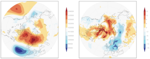 Figuur 1. Drukverdeling en daggemiddelde temperatuur (afwijking van 1981–2010) van de vijf dagen 26 februari tot 2 maart 2018. Bron: ECMWF analyses en verwachtingen, ten opzichte van ERA-interim.
