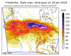 Figuur 1. Hoogste windstoot van 18 januari 2018 in de Harmonie verwachting van 0 uur die dag. De witte lijn geeft de gebieden aan waarbinnen windstoten van 118 kilometer per uur of meer werden verwacht. Bron:KNMI.