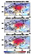 Kaart van de waargenomen temperatuur van de zomer van 2010, voor de simulatie van het huidige klimaat en die voor het toekomstige klimaat. 