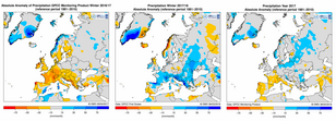 Kaarten met anomalie in neerslaghoeveelheden in Europa.