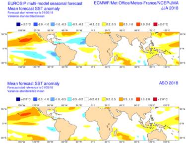 Verwachte zeewatertemperaturen ten opzichte van het langjarige gemiddelde (1981-2010) voor juni, juli, augustus en voor augustus, september, oktober (onder). Bron: ECMWF. 