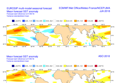 Verwachte zeewatertemperaturen ten opzichte van het langjarige gemiddelde (1981-2010) voor juni, juli, augustus en voor augustus, september, oktober (onder). Bron: ECMWF. 