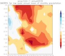 Figuur 1. De afwijking van normaal van de regen in 2015–2017, -0.3 betekent 30% minder regen dan in 1998–2014. Bron: NCEP CMORPH satelliet-analyse.