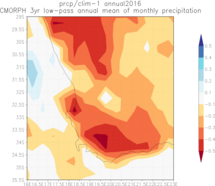 Figuur 1. De afwijking van normaal van de regen in 2015–2017, -0.3 betekent 30% minder regen dan in 1998–2014. Bron: NCEP CMORPH satelliet-analyse.