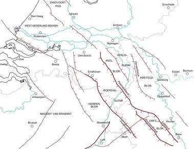 kaart met de belangrijkste tektonische structuren in de ondergrond van zuidwestelijk Nederland, noordoostelijk België en het westen van Noordrijn-Westfalen
