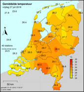 Kaart met daggemiddelde temperaturen van 27 juli 2018
