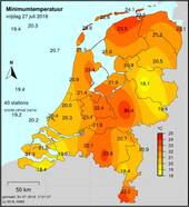 kaart van nederland met minimumtemperaturen tussen 2 uur 's nachts op vrijdag 27 juli en 2 uur 's nachts op zaterdag 28 juli 2018