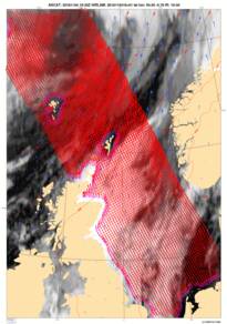 Een afbeelding van het Ascat-instrument waarop een windveld te zien. Boven Schotland is een sterke buiging wat een depressie aanduidt. 