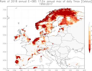Figuur 1: Hitterecords op veel Europese stations in zomer 2018 (getal geeft rangorde aan t.o.v. de periode 1950-2017). (Bron: KNMI)