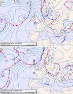  Weerkaarten van zaterdag 5 en zondag 6 januari. Hogedruk boven het westen van Europa en lagedruk boven het oosten van Europa veroorzaken een noordenwind over de Alpen.