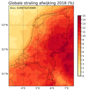 Kaart van relatieve afwijking van de globale straling (=totale instraling op een horizontaal oppervlak) in 2018 ten opzichte van het gemiddelde over de periode 2005-2017, afgeleid uit Meteosat-satellietmetingen. 