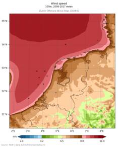 kaart van nederland met windsnelheid uit windatlas (DOWA)