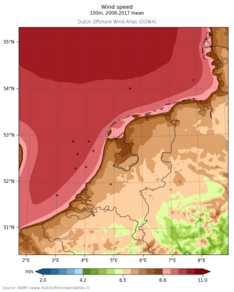 kaart van nederland met windsnelheid uit windatlas (DOWA)