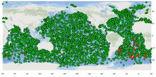 Kaart van Argo boeien op 16 januari 2019. Elk groen bolletje markeert de positie van een Argo boei. De rode bolletjes zijn de 24 op dit moment actieve Nederlands boeien.