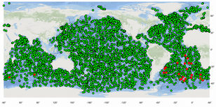 Kaart van Argo boeien op 16 januari 2019. Elk groen bolletje markeert de positie van een Argo boei. De rode bolletjes zijn de 24 op dit moment actieve Nederlands boeien.