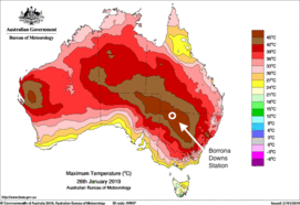 Kaart voor Australië van maximumtemperatuur op zaterdag 26 januari. 