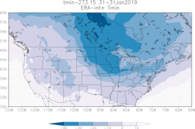 Kaart van verwachte minimumtemperatuur voor donderdag 31 januari 2019.