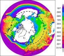Kaart van de datum waarop de weekgemiddelde maximumtemperatuur gemiddeld voor het eerst boven de 15 graden uitkomt.  