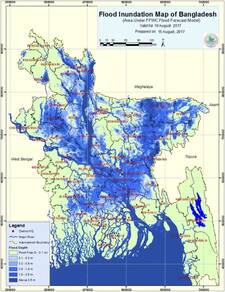 Figuur 1: Kaart van de overstromingen in Bangladesh op 19 augustus 2017 (bron: Reliefweb).