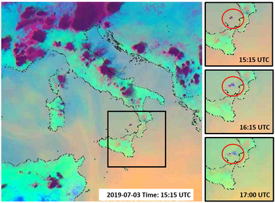 Satellietbeelden van de vulkaanuitbarsting  op 3 juli 2019, 