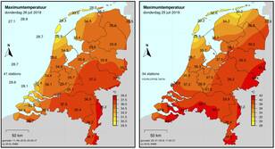Figuur 1:  Maximumtemperatuur in Nederland op het hoogtepunt van de hittegolf van 15-27 juli 2018 (links) en tijdens de afgelopen hittegolf 22-27 juli 2019 (rechts).