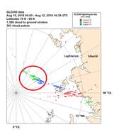 Kaart van Bliksemdetecties in het noordpoolgebied. 