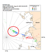 Kaart van Bliksemdetecties in het noordpoolgebied. 