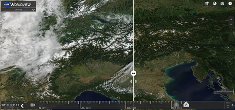 Satellietbeeld van sneeuwfront over de Alpen. Is het wintersportseizoen begonnen?