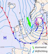 Weerkaart van 8 januari 2019 6 UTC, noordwesterstorm met wind en verwachte stroomrichting van het drijfvuil. 