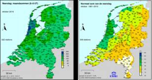 Kaart met neerslag in oktober 2019 en met de normale hoeveelheid neerslag in oktober.