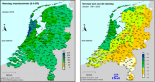 Kaart met neerslag in oktober 2019 en met de normale hoeveelheid neerslag in oktober.