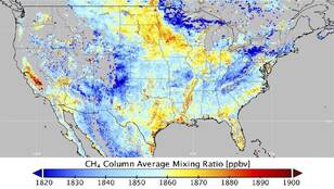 Kaart van het gemiddelde van de Tropomi metingen van methaan boven de Verenigde Staten tussen 1 december 2018 en 31 maart 2019