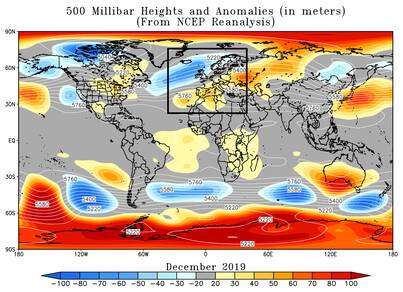Kaarft van afwijkingen gemiddeld 500 hPa drukpatroon t.o.v. de klimatologie voor december 2019. 