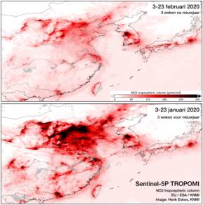 Kaart van de gemeten concentraties NO2 boven China in de drie weken voor en drie weken na het Chinese nieuwjaar. De Corona-uitbraak en de maatregelen vielen samen met de week van nieuwjaar.  