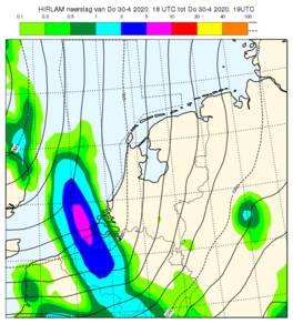 kaart van nederland van onweersbuien met weermodel hirlam