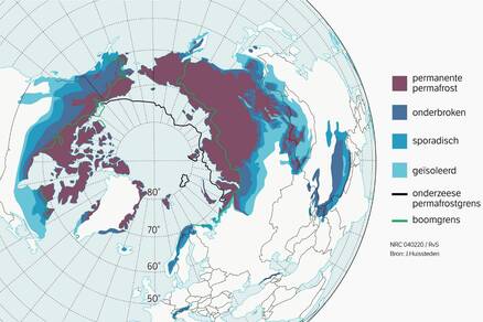 Kaart met geografische verspreiding van permafrostgebieden. 