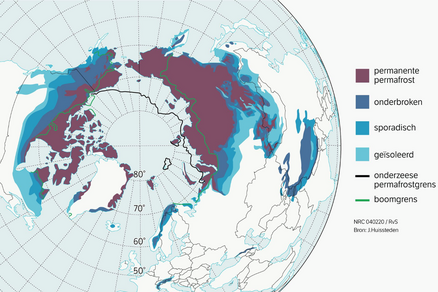 Kaart met geografische verspreiding van permafrostgebieden. 