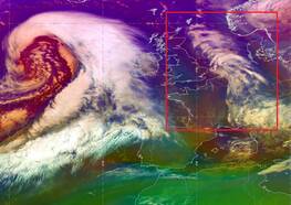 Satellietbeeld zoals gebruikt in Weerkamer (bewolking en onderscheid luchtsoorten 17 december 2018). 