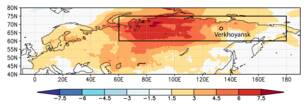 Figuur 1. Temperatuurafwijking in januari-juni 2020 van normaal (1981–2010) in Siberië. De stad Verkhoyansk had het temperatuurrecord van 38 graden Celsius.