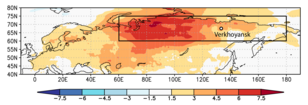 Figuur 1. Temperatuurafwijking in januari-juni 2020 van normaal (1981–2010) in Siberië. De stad Verkhoyansk had het temperatuurrecord van 38 graden Celsius.